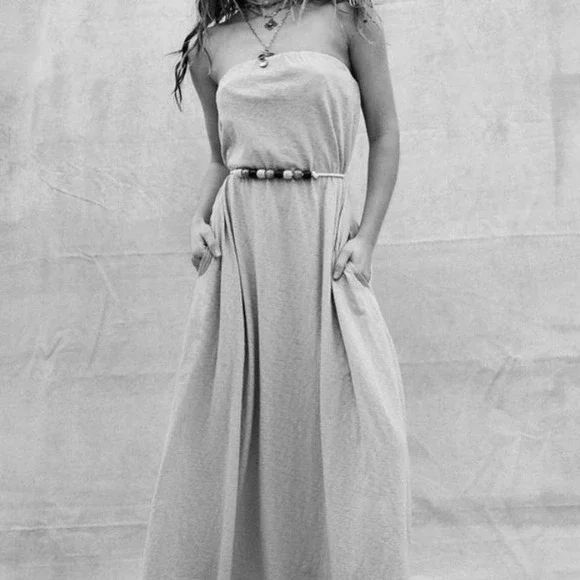 Strapless Maxi Dress Casual Sundress with Beaded Belt - Bohemian Style